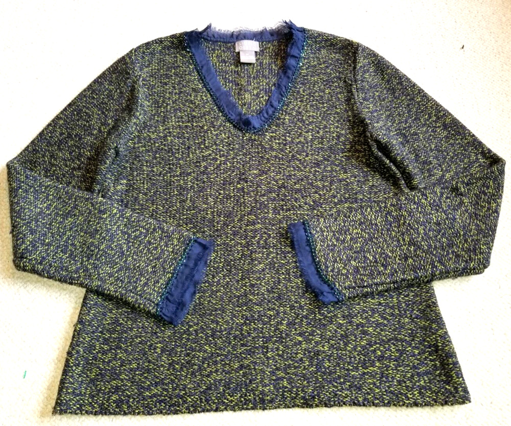 Womens Sweater-SIGRID OLSEN-green/blue marled silk/cashmere beaded po ls-M
